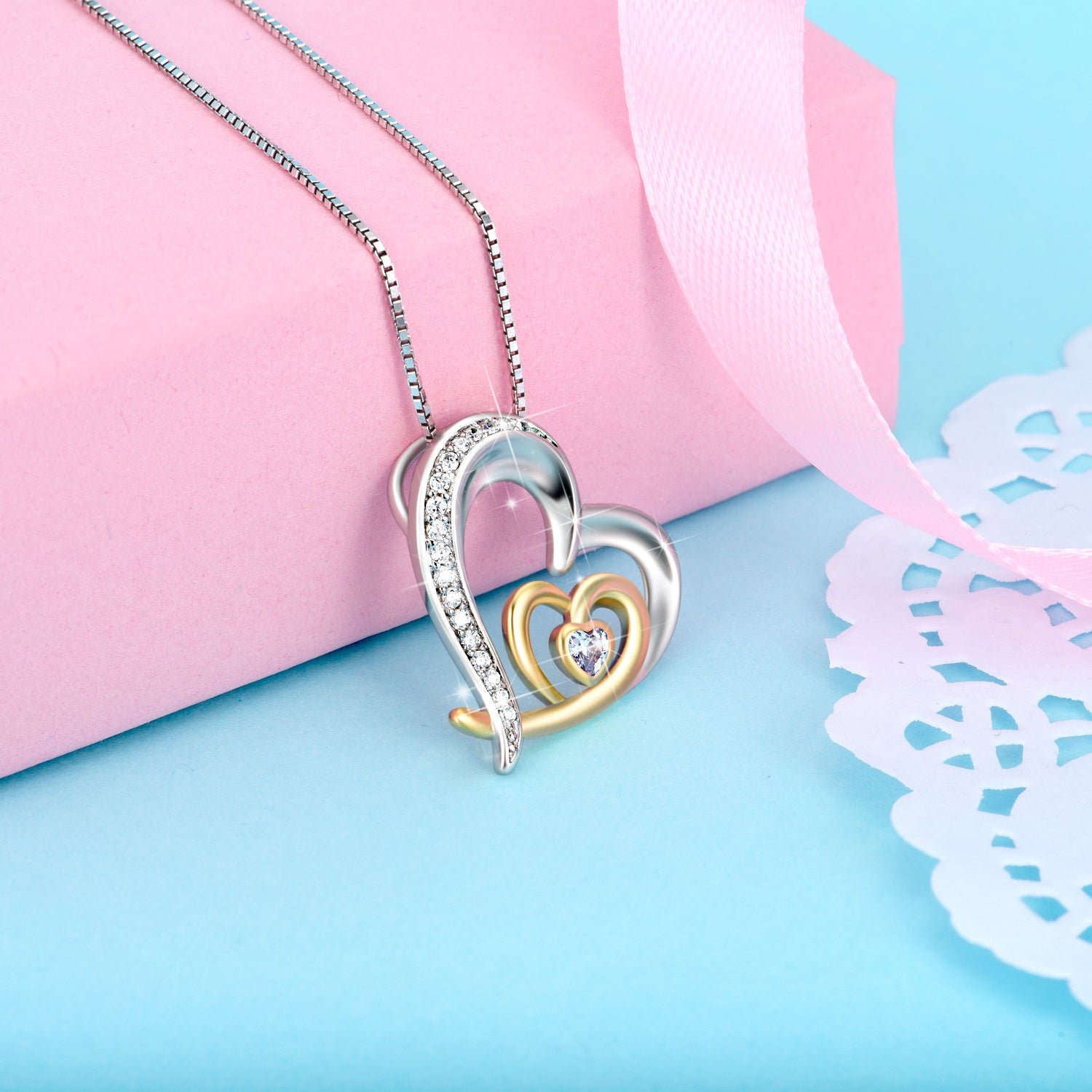 Two-Tone Love Heart Zircon Clavicle Necklace